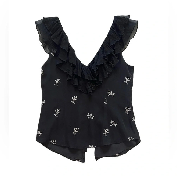 Cinq a Sept Embroidered Gia Ruffle Neckline Black Floral Silk blouse Top XS - Picture 5 of 9